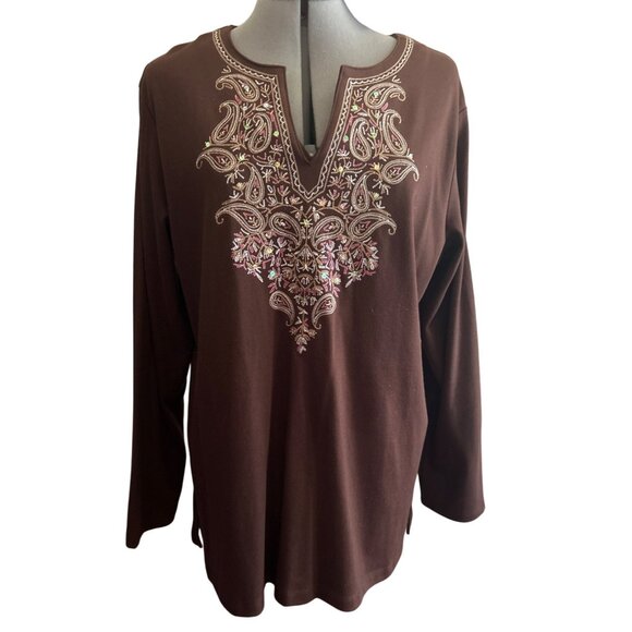 White Stag Ladies XL Brown Embroidered V Neck Long Sleeve Tunic Top - Picture 1 of 6